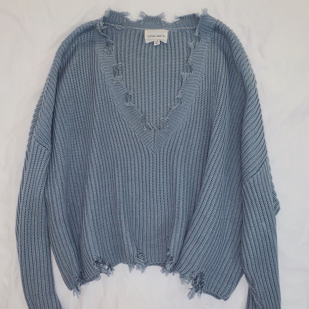 Blue V-Neck Cropped Sweater (Distressed Trim)